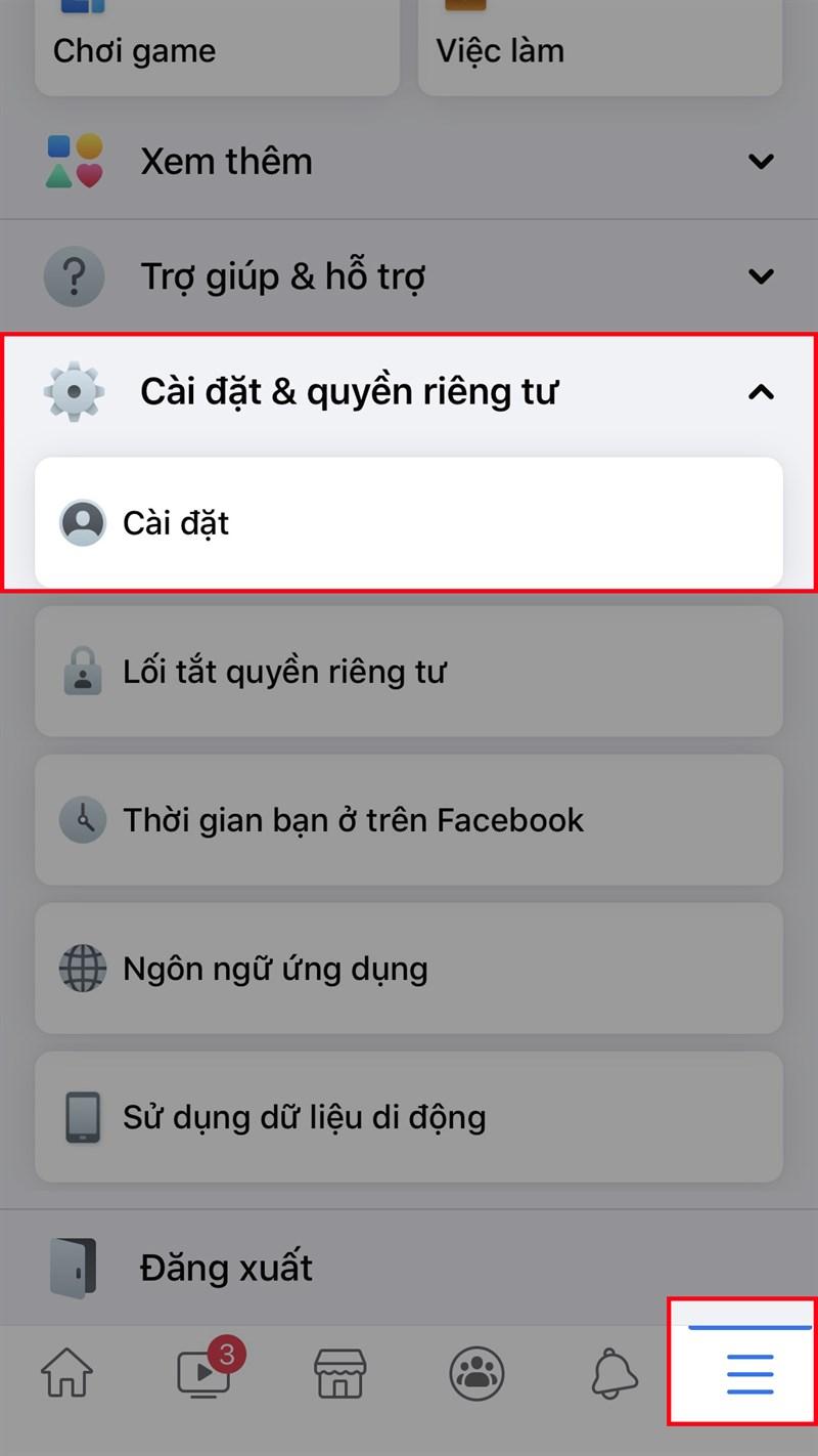 Mở ứng dụng Facebook, nhấn vào biểu tượng 3 dấu gạch > Kéo xuống và chọn Cài đặt & quyền riêng tư > Chọn Cài đặt