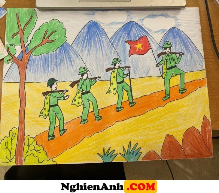 Vẽ tranh chú bộ đội hành quân chiến đấu bảo vệ Tổ quốc