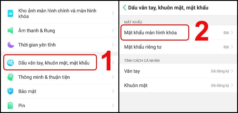 Vào mục cài đặt dấu vân tay, khuông mặt và mật khẩu