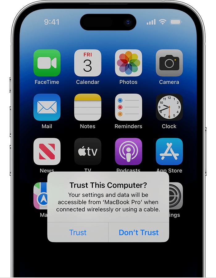 Cảnh báo Tin cậy máy tính này xuất hiện trên màn hình chính của iPhone.