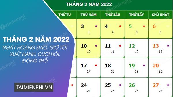 Ngày Hoàng Đạo tháng 2 năm 2022