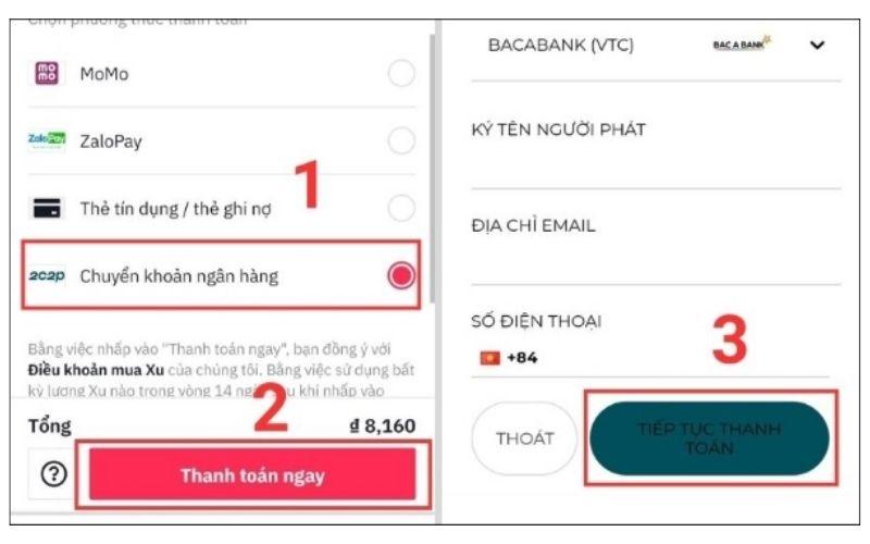 nạp xu tiktok bằng tài khoản ngân hàng