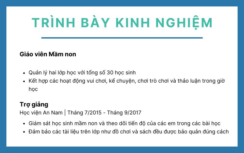 Trình bày kinh nghiệm trong CV Giáo viên mầm non