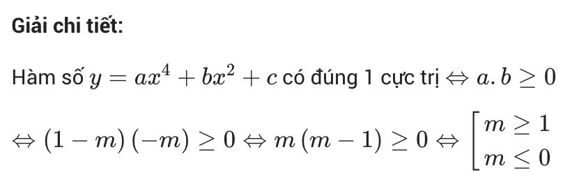 Tìm m để hàm số có đúng 1 cực trị | Hàm trùng phương