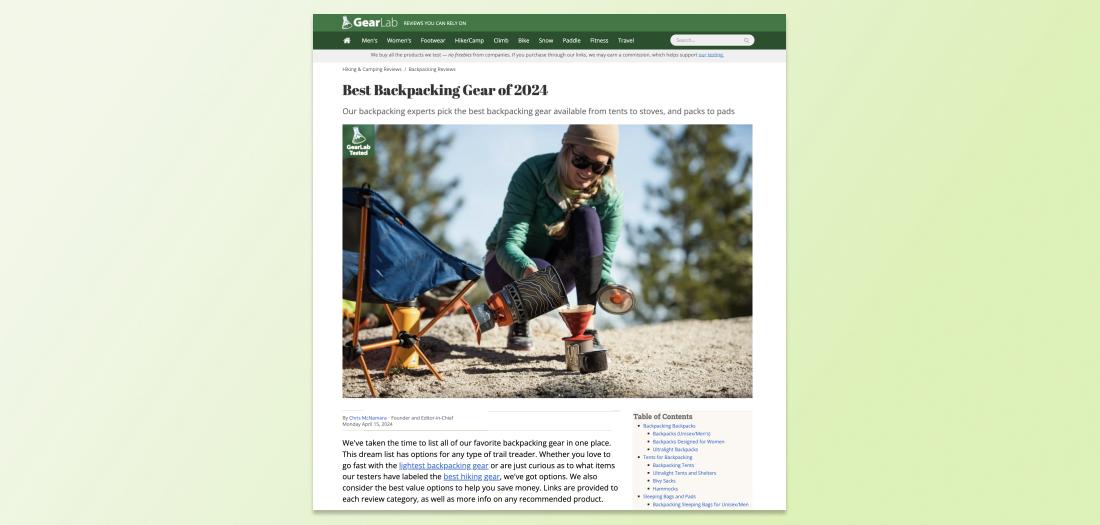 An annual review of backpacking gear containing images of stoves, jackets, and chairs being tested.